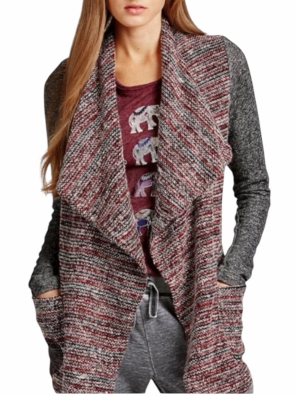 Lucky Brand Maroon and Charcoal Open-Front Draped Cardigan